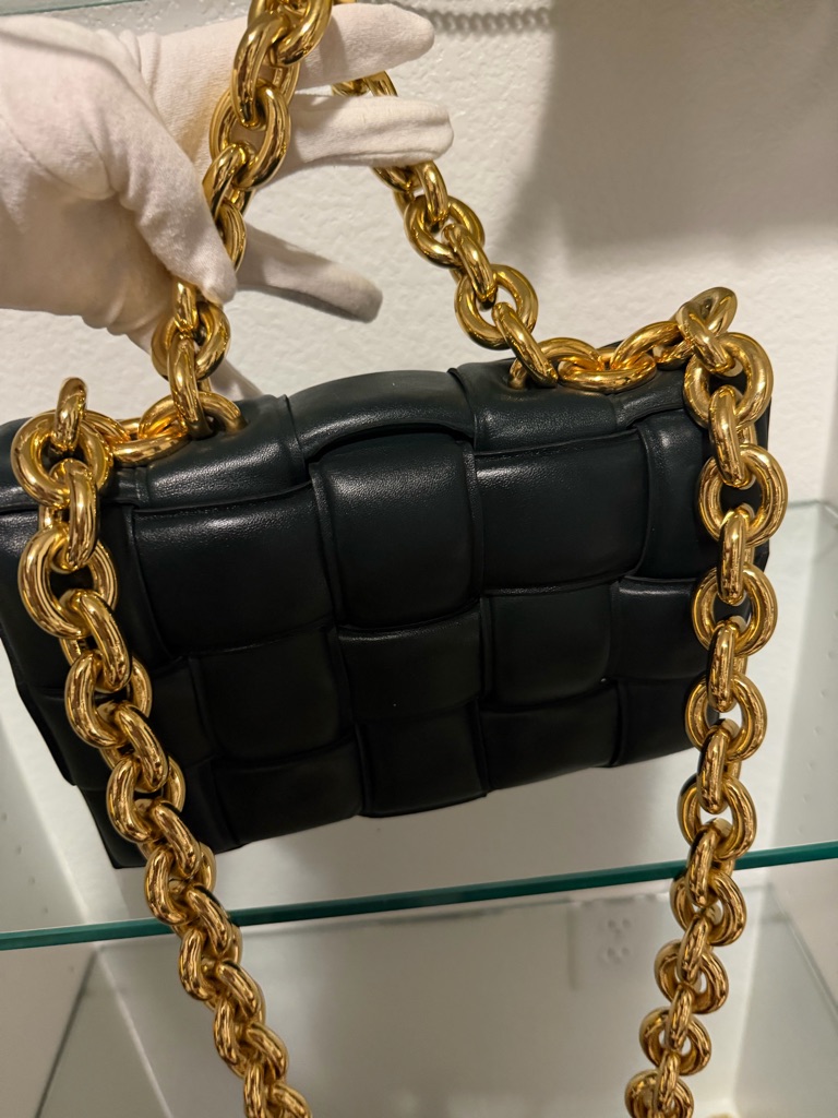 Dark Green Leather Shoulder Bag With Gold Chain